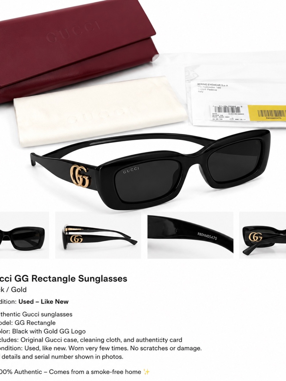 Gucci Black Rectangle Sunglasses with Gold GG Accent